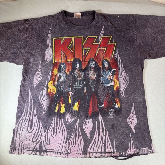 Vintage KISS Catalog 1996 Shirt Kiss Army Depot T Shirt Size 2XL AOP Flame Fire - Picture 1 of 13